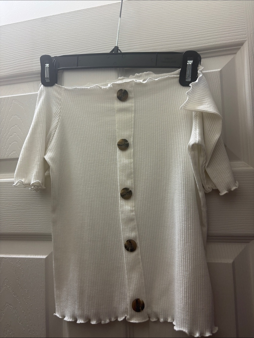 Off-Shoulder Ribbed Button-Front Top in Cream